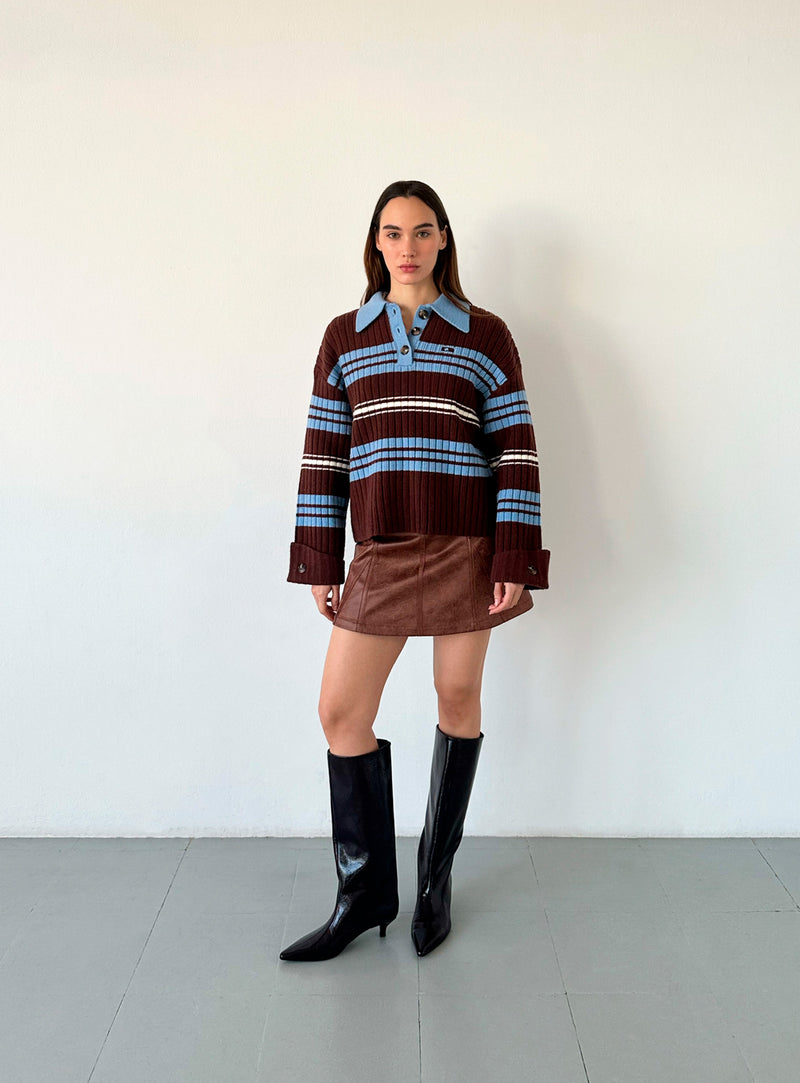 Graz Striped Polo Knit Brown Blue