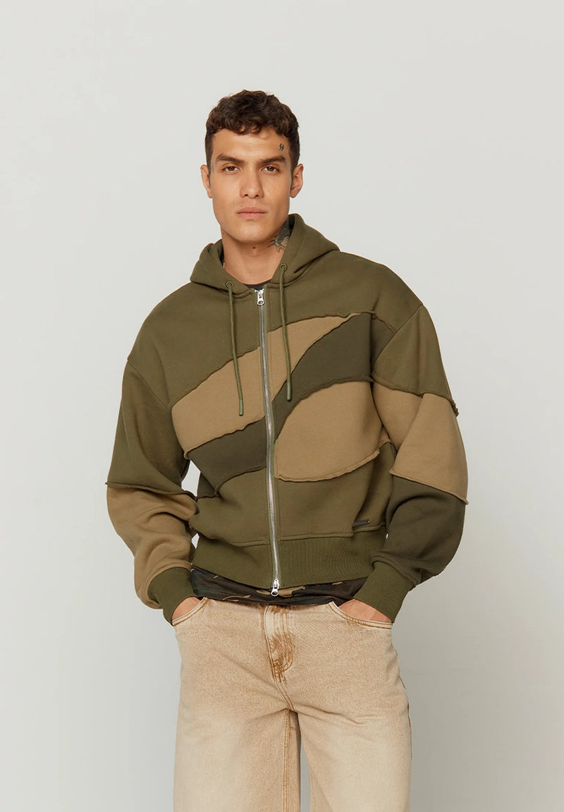 Patchwork Landscape Hoodie Olive think alike store