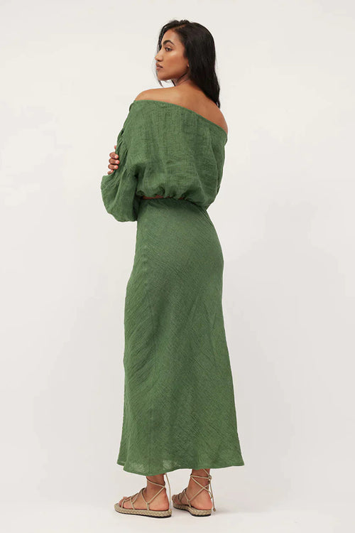 Bias Skirt Green Textured Linen