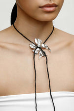Flower Cord Necklace Silver/ Black