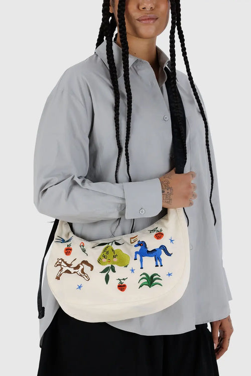 Medium Nylon Crescent Bag Embroidered Painted Prairie