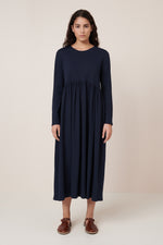 Long Sleeve Gather Dress Navy