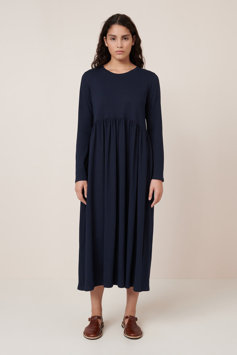 Long Sleeve Gather Dress Navy