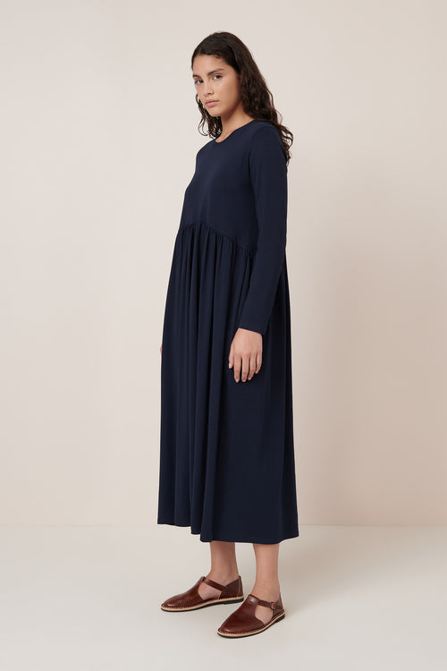 Long Sleeve Gather Dress Navy