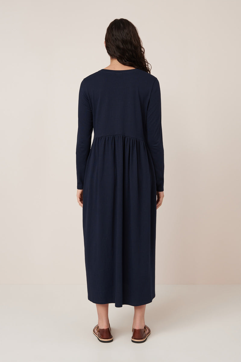 Long Sleeve Gather Dress Navy
