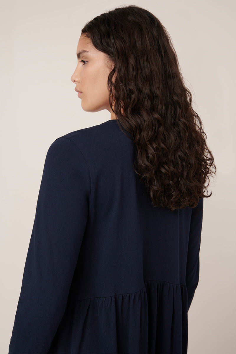 Long Sleeve Gather Dress Navy