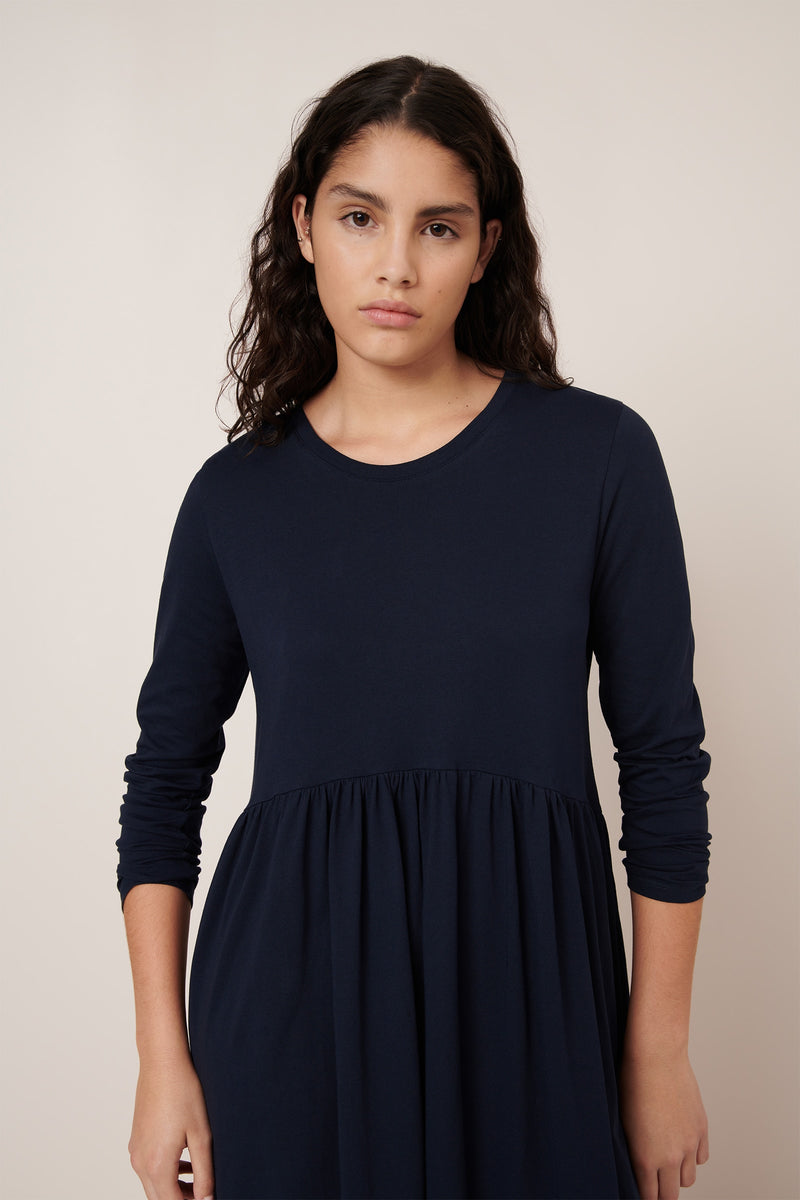 Long Sleeve Gather Dress Navy