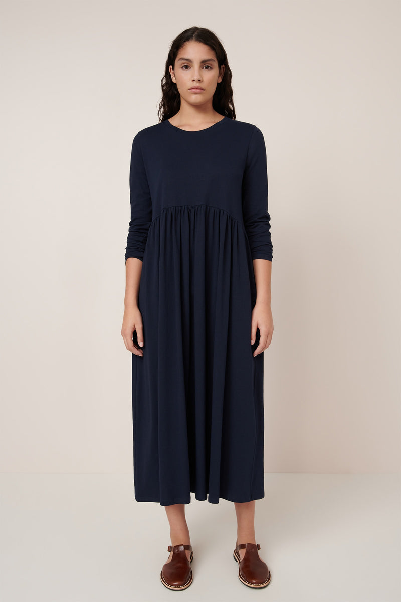 Long Sleeve Gather Dress Navy