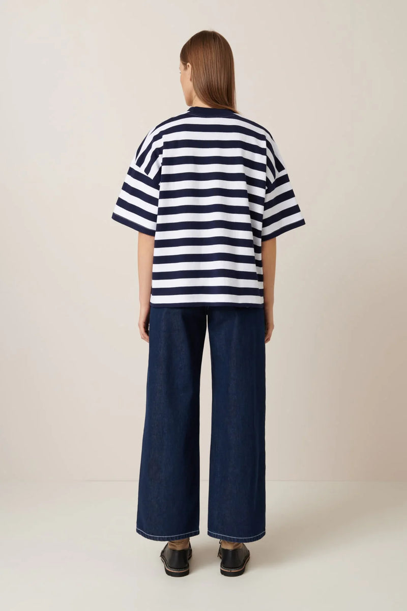 Oversized Boxy Tee Navy White Stripe